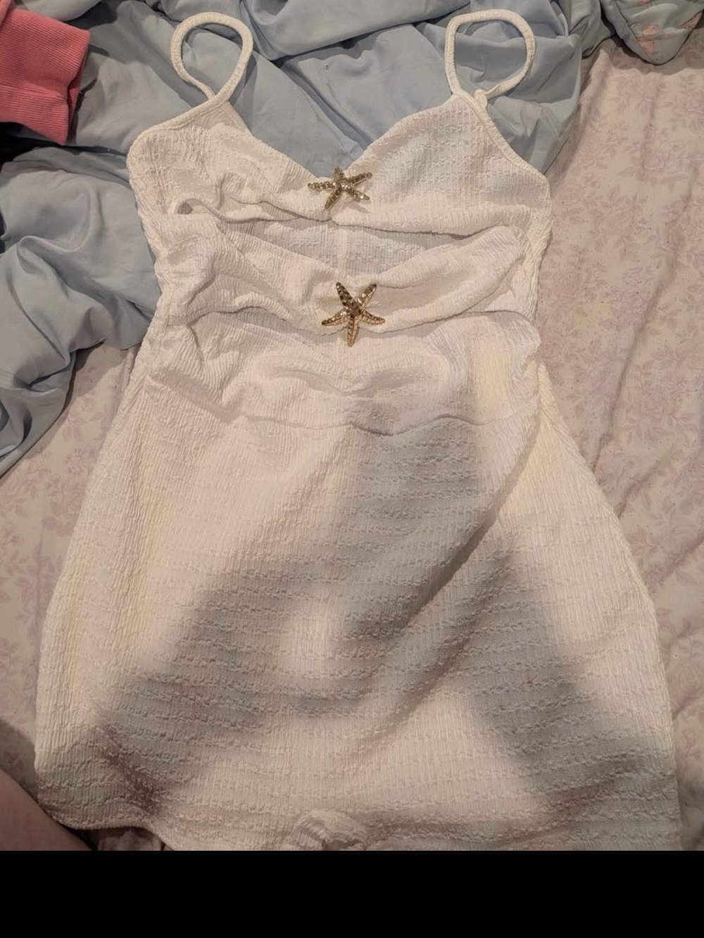 White Textured Spaghetti Strap Dress with Starfish Accents